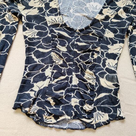 Free People Through the Meadow Floral Top Black XS Ruched Mesh Y2K Whimsigoth - Picture 4 of 8